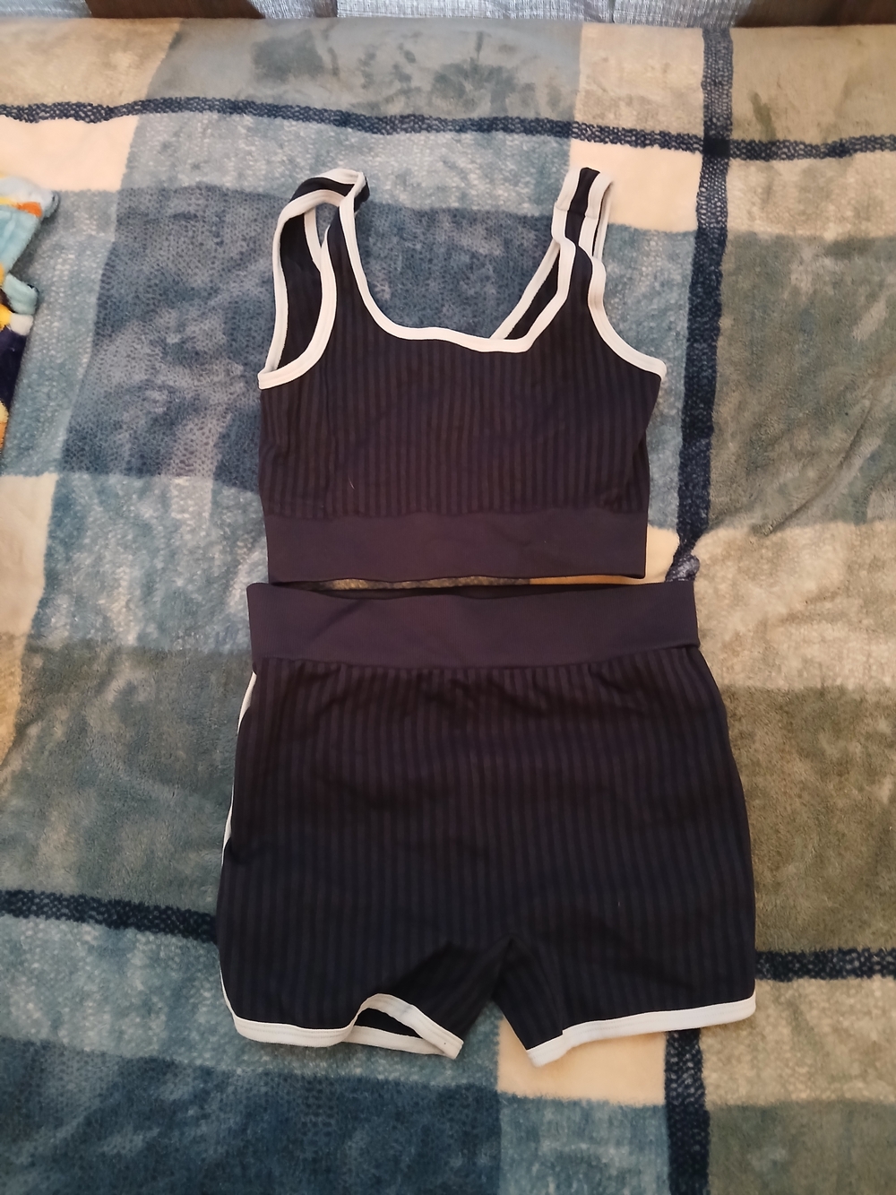 No Boundaries Navy Ribbed Tank And Shorts with White Trim Binding